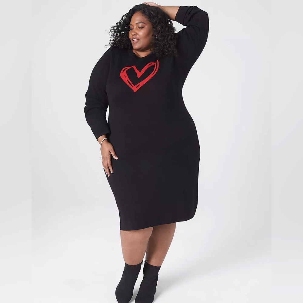 Lane Bryant Sweater Dress Heart Graphic Knit Stretch Bodycon Black/Red Sz 14/16